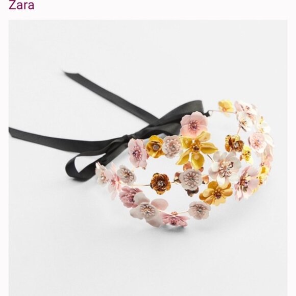 ZARA SPARKLY HEADBAND Tiara 2023 3D Mettalic flowers rhinestones rare sold out - Picture 1 of 7
